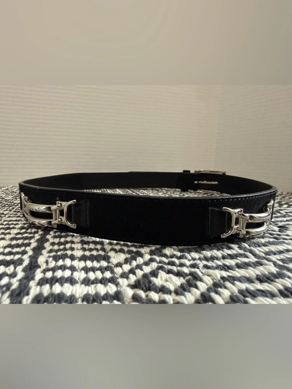 STACY ADAMS Black Grain Leather Belt with Silver Buckle Chain Accent